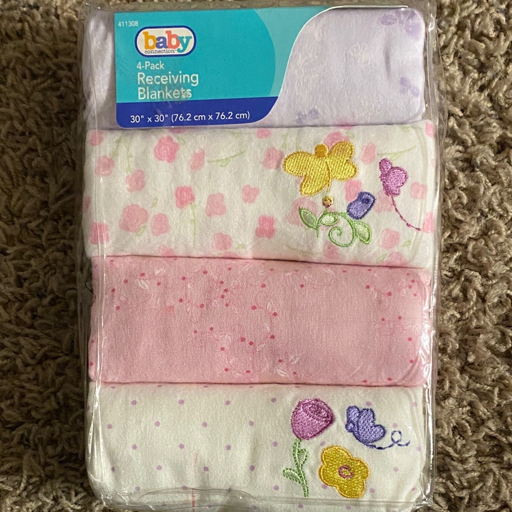 NEW-Baby 4-Pack Receiving Blankets - Pink, Purple and White